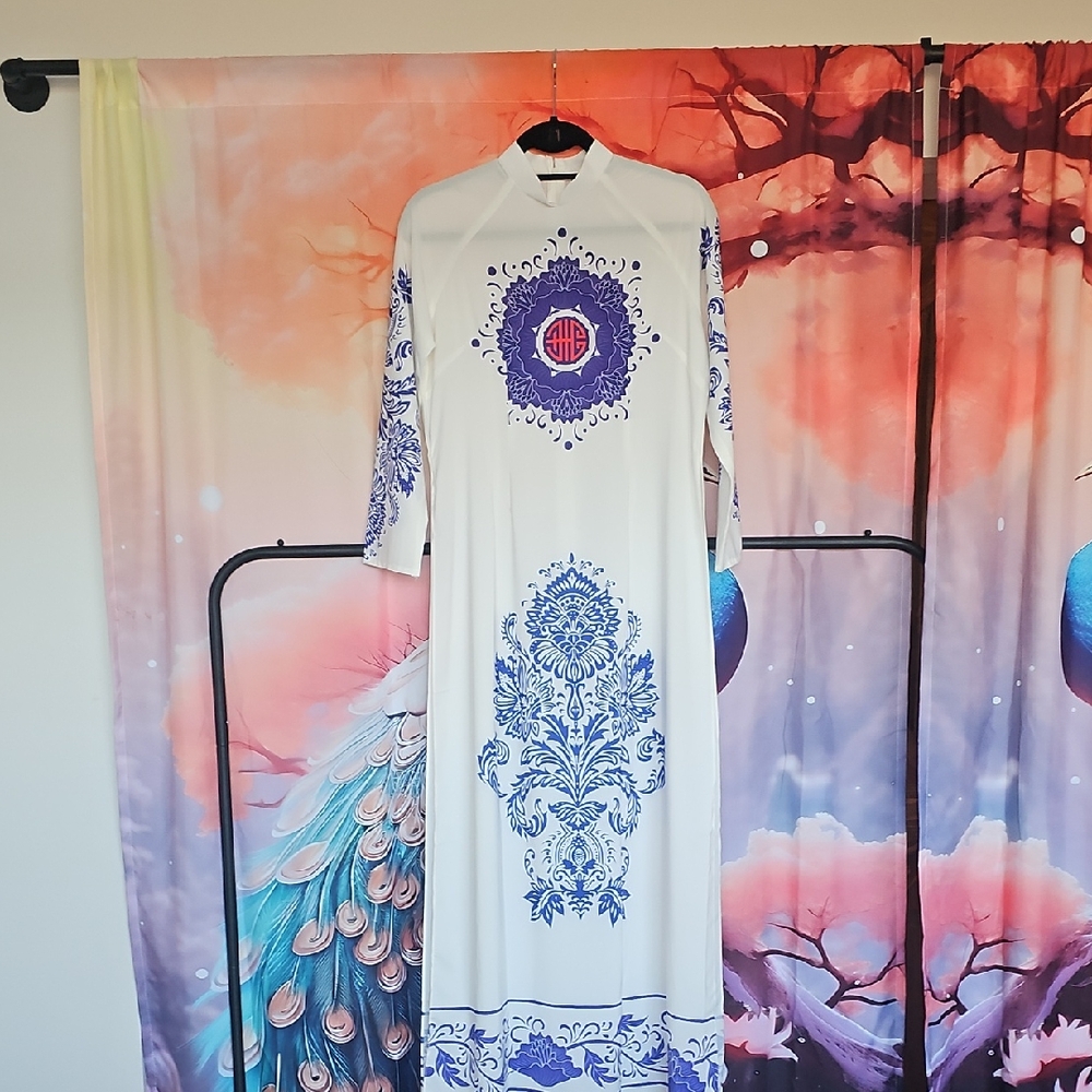 Chic Long Sleeve Vietnamese Dress with Blue, Purple Floral Design